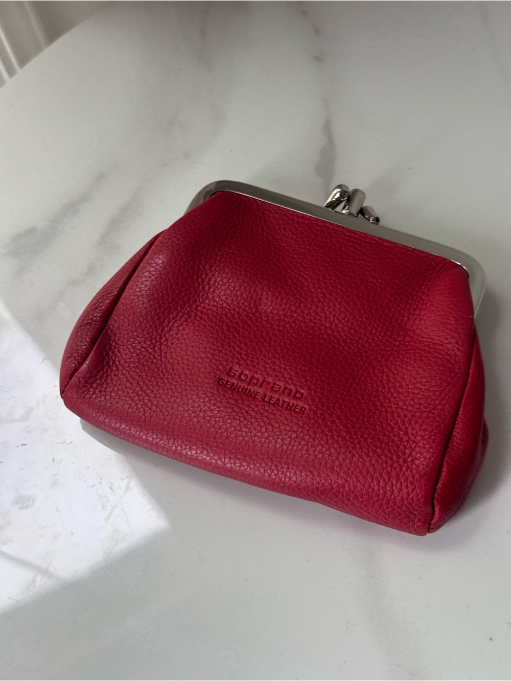 Vintage New SOPRANO Genuine Leather Red Silver Kiss-Lock Coin Purse Wallet